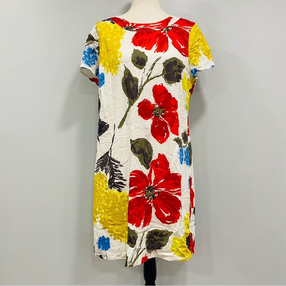 Boden White Floral Shift Dress with Red, Yellow & Blue Blooms
